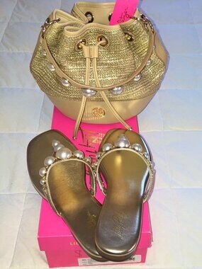 NIB  - Lilly Pulitzer Cloe Metallic Gold Pearl-Embellished Thong Sandal